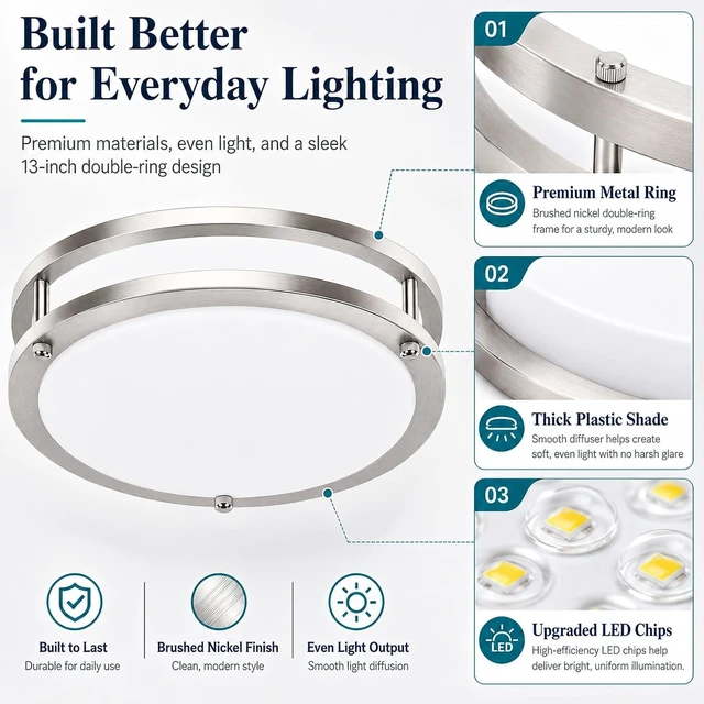 Alt view image 6 of 7 - 2-Pack 13in LED Flush Mount Ceiling Light Fixtures, 36W 3600LM Dimmable Close to Ceiling Light, 5CCT 2700K-6500K Adjustable, Modern Brushed Nickel Ceiling Lights for Kitchen Bedroom Bathroom Hallway