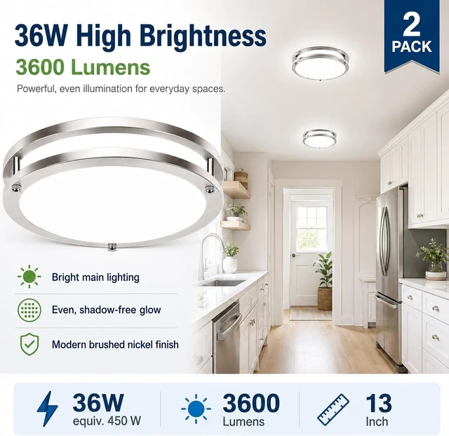 Alt view image 2 of 7 - 2-Pack 13in LED Flush Mount Ceiling Light Fixtures, 36W 3600LM Dimmable Close to Ceiling Light, 5CCT 2700K-6500K Adjustable, Modern Brushed Nickel Ceiling Lights for Kitchen Bedroom Bathroom Hallway