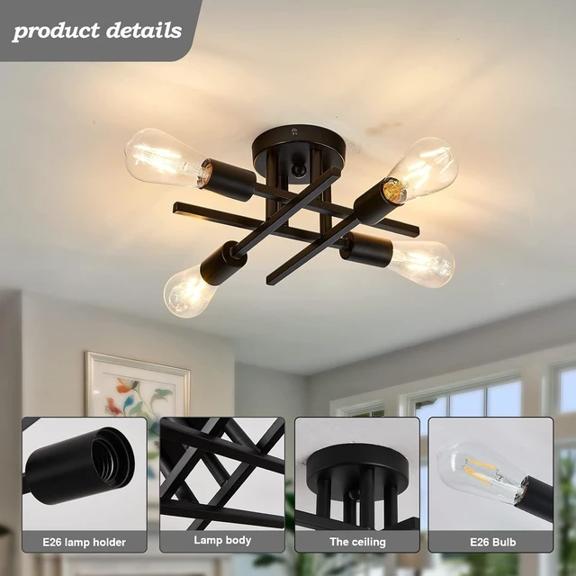 Alt view image 2 of 7 - ZGLAOJT 4-Light Semi Flush Mount Ceiling Light Fixture 2 Pack Ceiling Light Matte Black with E26 Base Modern Light for Porch Bedroom Hallway Kitchen Farmhouse