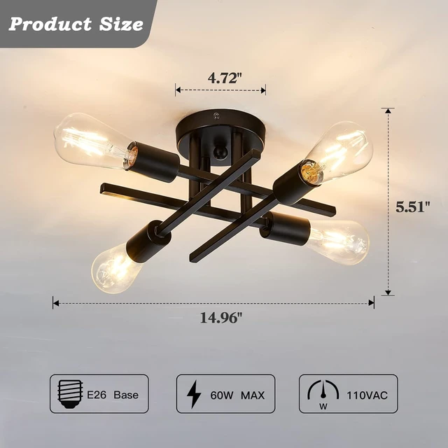 Alt view image 3 of 7 - ZGLAOJT 4-Light Semi Flush Mount Ceiling Light Fixture 2 Pack Ceiling Light Matte Black with E26 Base Modern Light for Porch Bedroom Hallway Kitchen Farmhouse