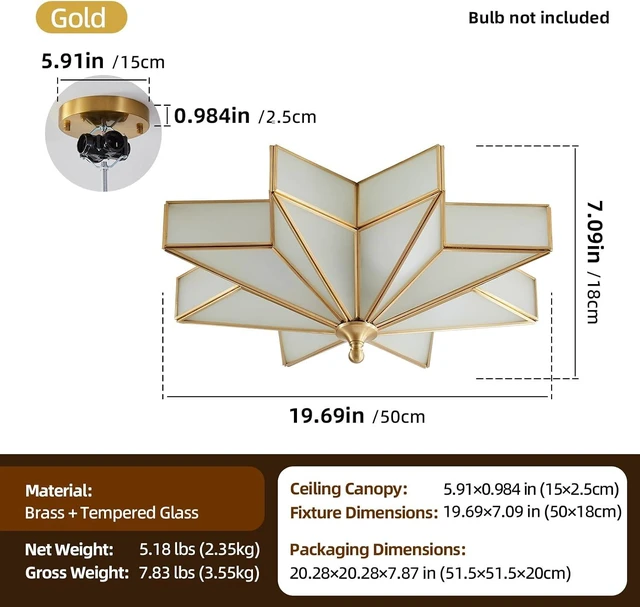 Alt view image 3 of 7 - Star Brass Ceiling Light - 19.7 In Large Gold Milk Glass Flush Mount