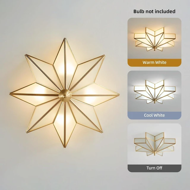 Alt view image 5 of 7 - Star Brass Ceiling Light - 19.7 In Large Gold Milk Glass Flush Mount