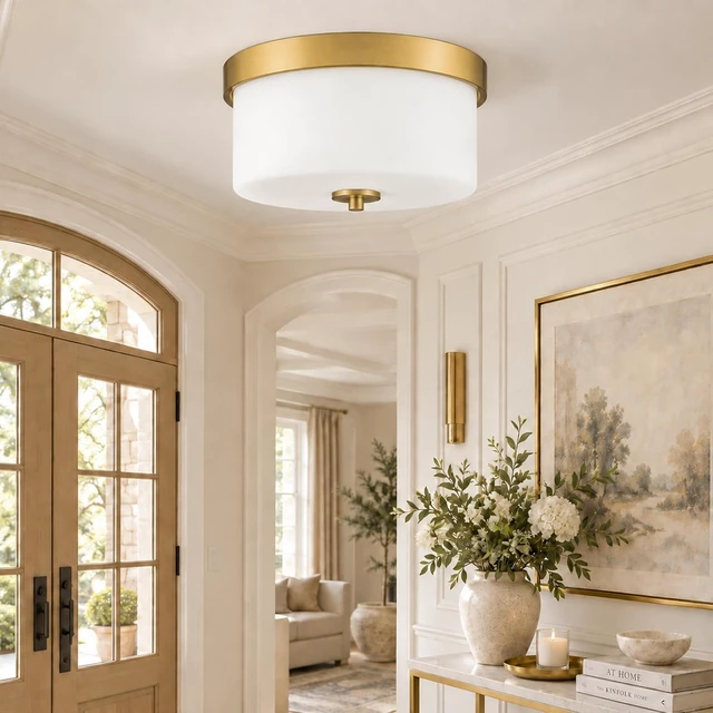 Main image of Emak 11 Inch Brushed Gold Flush Mount Ceiling Light Fixture, 2-Light Fixtures Ceiling Mount with Milk Glass Shades for Hallway, Kitchen, Bathroom, Dining Room, FM082-GD-ML