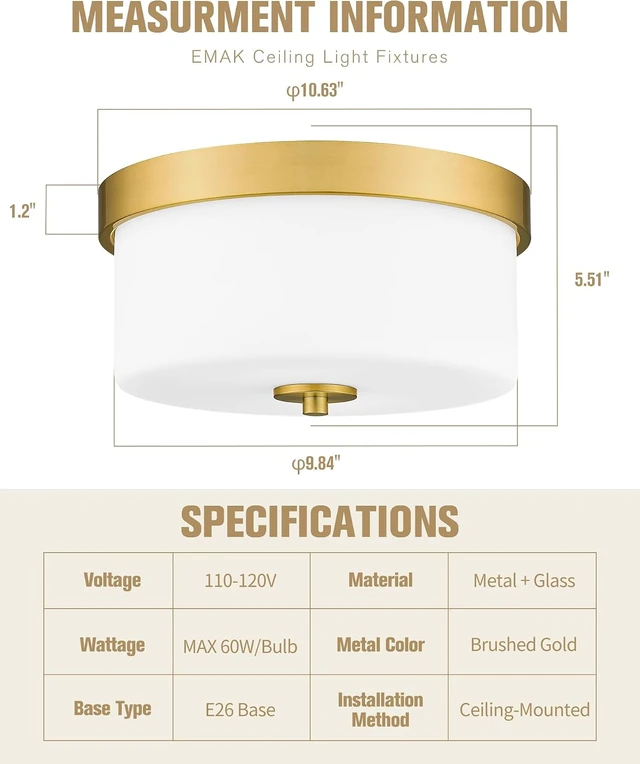 Alt view image 2 of 7 - Emak 11 Inch Brushed Gold Flush Mount Ceiling Light Fixture, 2-Light Fixtures Ceiling Mount with Milk Glass Shades for Hallway, Kitchen, Bathroom, Dining Room, FM082-GD-ML