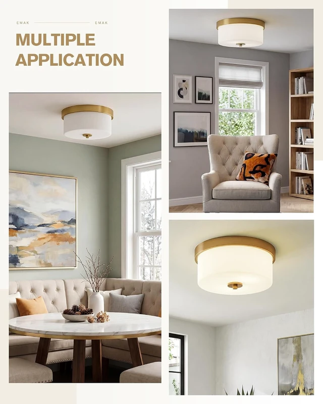 Alt view image 4 of 7 - Emak 11 Inch Brushed Gold Flush Mount Ceiling Light Fixture, 2-Light Fixtures Ceiling Mount with Milk Glass Shades for Hallway, Kitchen, Bathroom, Dining Room, FM082-GD-ML