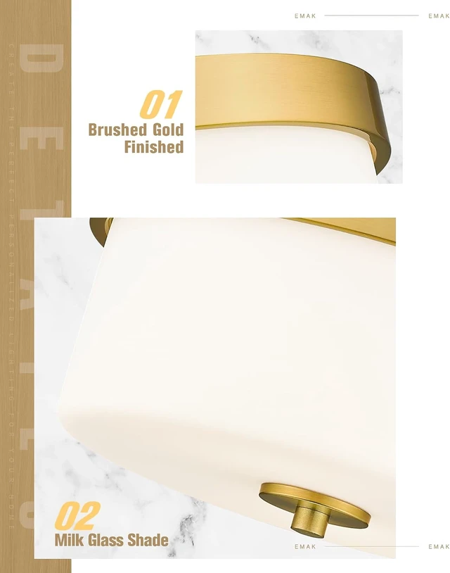 Alt view image 5 of 7 - Emak 11 Inch Brushed Gold Flush Mount Ceiling Light Fixture, 2-Light Fixtures Ceiling Mount with Milk Glass Shades for Hallway, Kitchen, Bathroom, Dining Room, FM082-GD-ML