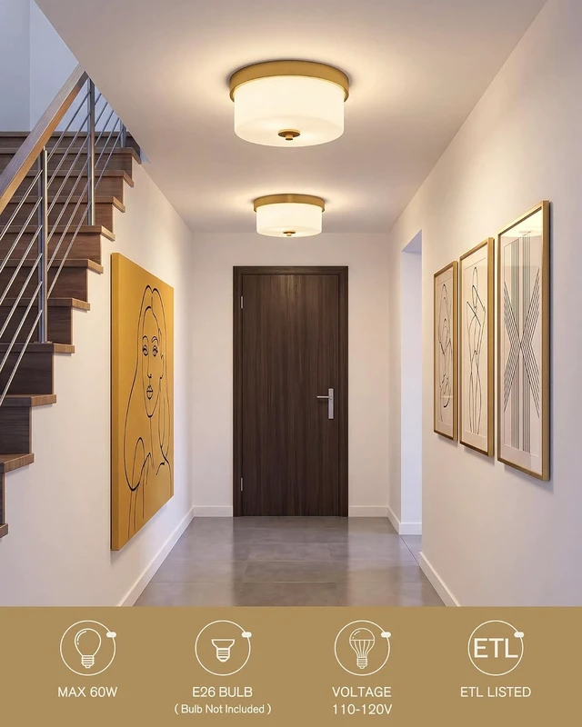 Alt view image 6 of 7 - Emak 11 Inch Brushed Gold Flush Mount Ceiling Light Fixture, 2-Light Fixtures Ceiling Mount with Milk Glass Shades for Hallway, Kitchen, Bathroom, Dining Room, FM082-GD-ML