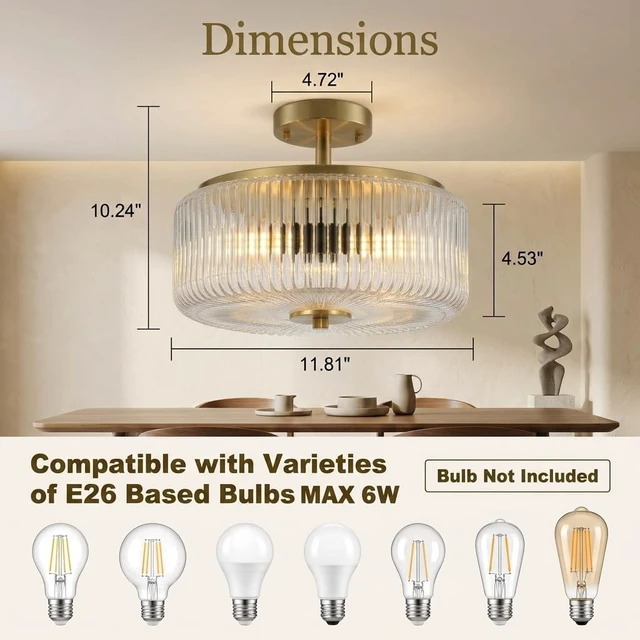 Alt view image 2 of 7 - 3-Light Gold Semi Flush Mount Ceiling Light, 11.8" Modern Hallway Light Fixtures Ceiling Mount with Ribbed Clear Glass Shade, Bright Close to Ceiling Lamp for Bedroom/Kitchen/Entryway/Dining Room