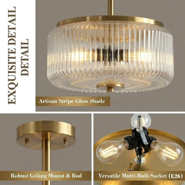 Alt view image 3 of 7 - 3-Light Gold Semi Flush Mount Ceiling Light, 11.8" Modern Hallway Light Fixtures Ceiling Mount with Ribbed Clear Glass Shade, Bright Close to Ceiling Lamp for Bedroom/Kitchen/Entryway/Dining Room