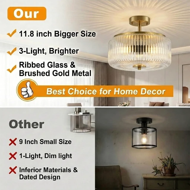 Alt view image 4 of 7 - 3-Light Gold Semi Flush Mount Ceiling Light, 11.8" Modern Hallway Light Fixtures Ceiling Mount with Ribbed Clear Glass Shade, Bright Close to Ceiling Lamp for Bedroom/Kitchen/Entryway/Dining Room