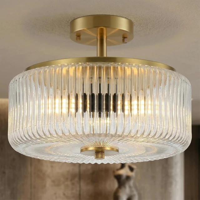 Main image of 3-Light Gold Semi Flush Mount Ceiling Light, 11.8" Modern Hallway Light Fixtures Ceiling Mount with Ribbed Clear Glass Shade, Bright Close to Ceiling Lamp for Bedroom/Kitchen/Entryway/Dining Room