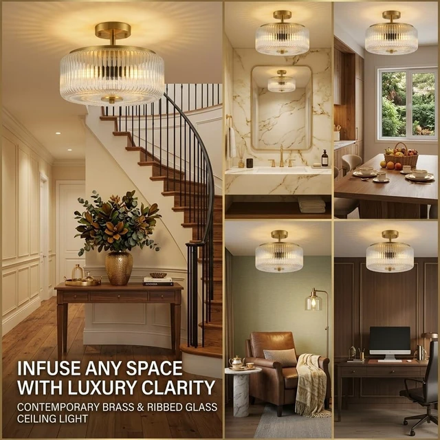 Alt view image 5 of 7 - 3-Light Gold Semi Flush Mount Ceiling Light, 11.8" Modern Hallway Light Fixtures Ceiling Mount with Ribbed Clear Glass Shade, Bright Close to Ceiling Lamp for Bedroom/Kitchen/Entryway/Dining Room