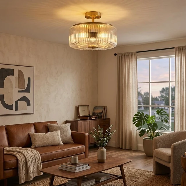 Alt view image 7 of 7 - 3-Light Gold Semi Flush Mount Ceiling Light, 11.8" Modern Hallway Light Fixtures Ceiling Mount with Ribbed Clear Glass Shade, Bright Close to Ceiling Lamp for Bedroom/Kitchen/Entryway/Dining Room