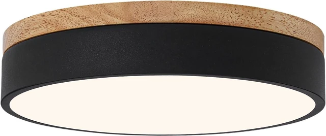 Main image of 12" Minimalist Black and Wood LED Flush Mount Ceiling Light Fixture