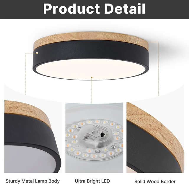 Alt view image 3 of 7 - 12" Minimalist Black and Wood LED Flush Mount Ceiling Light Fixture
