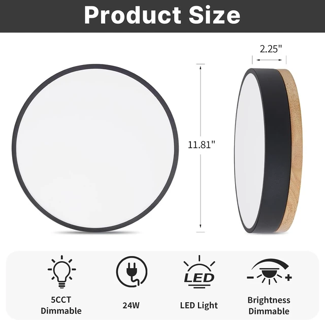 Alt view image 4 of 7 - 12" Minimalist Black and Wood LED Flush Mount Ceiling Light Fixture