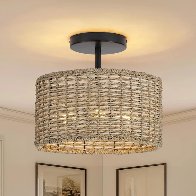 Main image of Boho Rattan Ceiling Light, 12.6", 3-Light Semi Flush Mount