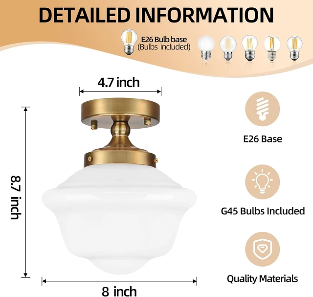 Alt view image 4 of 7 - Bagood 8" Gold Schoolhouse Lights Fixture Schoolhouse Light Fixtures Ceiling Mid Century Lights Fixture Milk Glass Fixtures Semi Flush Mount Ceiling Light for Bathroom Kitchen (Bulb Incl.)