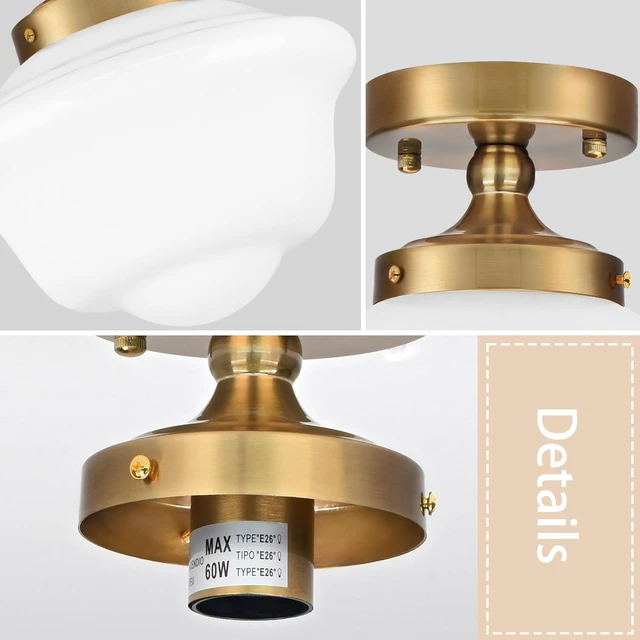 Alt view image 5 of 7 - Bagood 8" Gold Schoolhouse Lights Fixture Schoolhouse Light Fixtures Ceiling Mid Century Lights Fixture Milk Glass Fixtures Semi Flush Mount Ceiling Light for Bathroom Kitchen (Bulb Incl.)