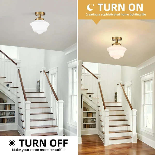 Alt view image 6 of 7 - Bagood 8" Gold Schoolhouse Lights Fixture Schoolhouse Light Fixtures Ceiling Mid Century Lights Fixture Milk Glass Fixtures Semi Flush Mount Ceiling Light for Bathroom Kitchen (Bulb Incl.)