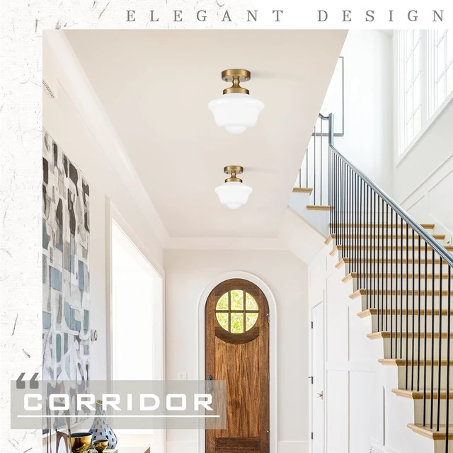 Alt view image 7 of 7 - Bagood 8" Gold Schoolhouse Lights Fixture Schoolhouse Light Fixtures Ceiling Mid Century Lights Fixture Milk Glass Fixtures Semi Flush Mount Ceiling Light for Bathroom Kitchen (Bulb Incl.)