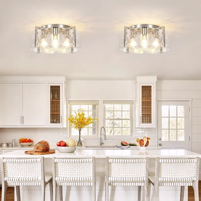 Alt view image 2 of 7 - Modern Brushed Nickel Semi Flush Mount Ceiling Light, 4-Light Glass Drum Flush Mount Light Farmhouse Lights Kitchen Lighting Fixtures for Foyer Entryway Hallway Bathroom Bedroom Laundry Room
