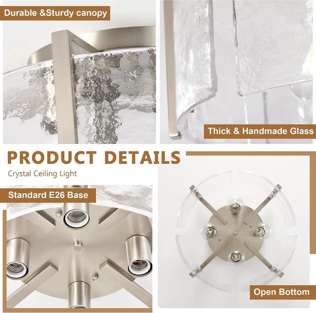 Alt view image 7 of 7 - Modern Brushed Nickel Semi Flush Mount Ceiling Light, 4-Light Glass Drum Flush Mount Light Farmhouse Lights Kitchen Lighting Fixtures for Foyer Entryway Hallway Bathroom Bedroom Laundry Room