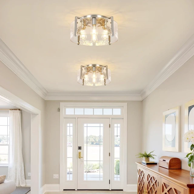 Alt view image 6 of 7 - Modern Brushed Nickel Semi Flush Mount Ceiling Light, 4-Light Glass Drum Flush Mount Light Farmhouse Lights Kitchen Lighting Fixtures for Foyer Entryway Hallway Bathroom Bedroom Laundry Room