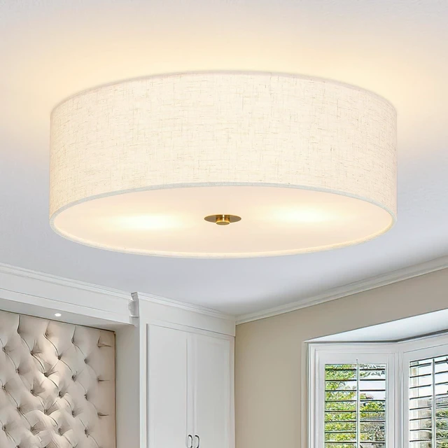 Main image of Bagood 16 Inch Flush Mount Ceiling Light Fixture 3-Light Drum Modern Gold Ceiling Light Fixture Dimmable Close to Ceiling Light Fixture with Fabric Shade for Living Room Hallway Entryway Bedroom