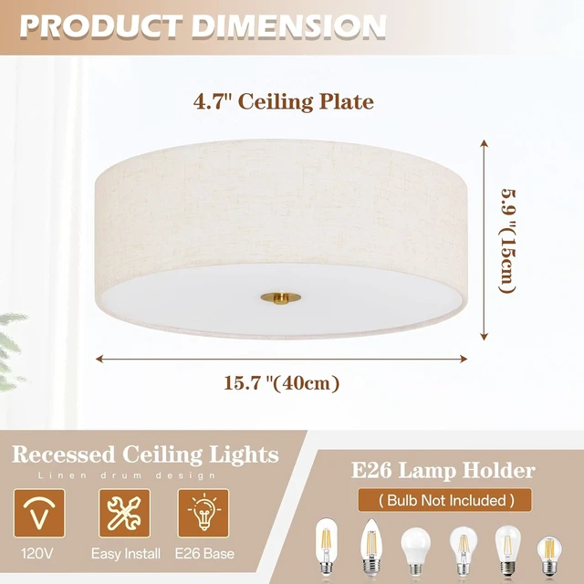 Alt view image 4 of 7 - Bagood 16 Inch Flush Mount Ceiling Light Fixture 3-Light Drum Modern Gold Ceiling Light Fixture Dimmable Close to Ceiling Light Fixture with Fabric Shade for Living Room Hallway Entryway Bedroom