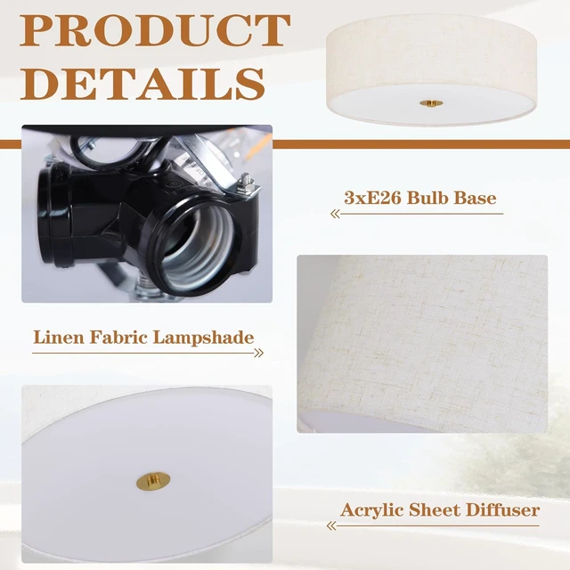 Alt view image 6 of 7 - Bagood 16 Inch Flush Mount Ceiling Light Fixture 3-Light Drum Modern Gold Ceiling Light Fixture Dimmable Close to Ceiling Light Fixture with Fabric Shade for Living Room Hallway Entryway Bedroom
