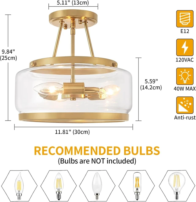 Alt view image 6 of 7 - 11.81" Brushed Gold Semi Flush Mount Ceiling Light Hallway Light Fixtures
