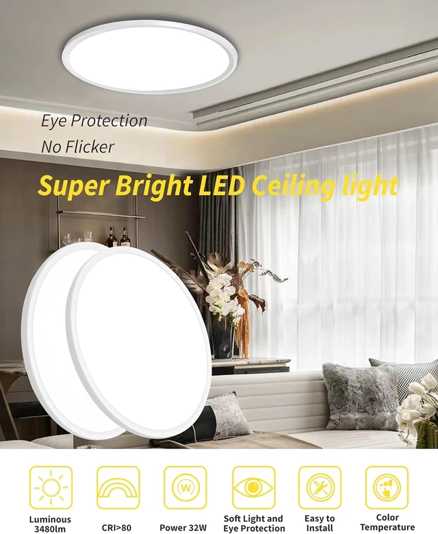 Alt view image 2 of 7 - 4Pack 16 Inch Led Flush Mount Ceiling Light,32W,3480LM,3000K/4000K/6000K 3CCT Selectable,White Ultra-Slim Ceiling Lighting Fixture,Round Low Profile Flat Panel Light for Bedroom,Kitchen,Hallway,Office