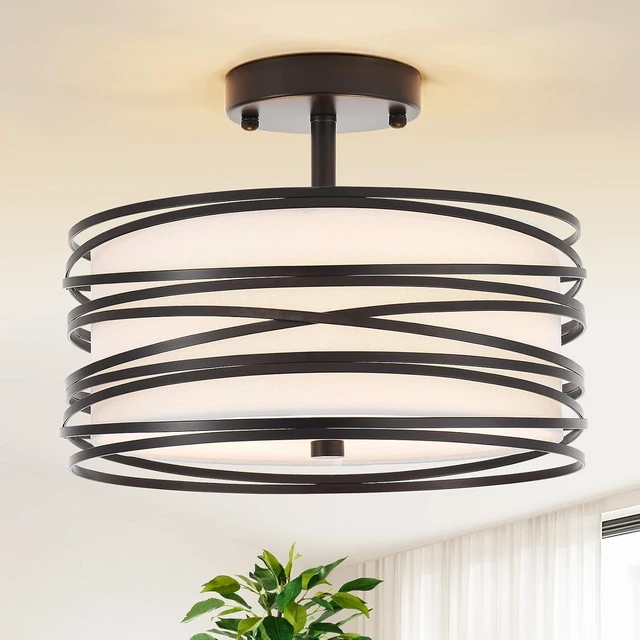 Main image of 12.2" Black Semi Flush Mount Ceiling Light, Linen 2-Light Fixture