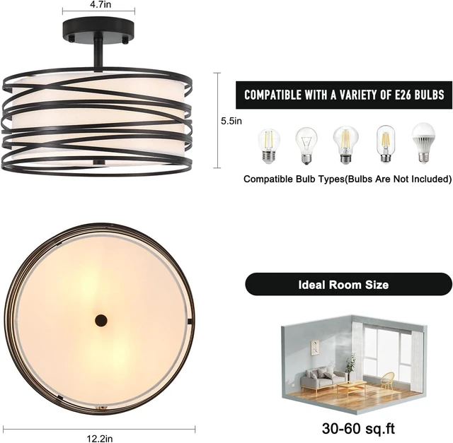 Alt view image 3 of 7 - 12.2" Black Semi Flush Mount Ceiling Light, Linen 2-Light Fixture