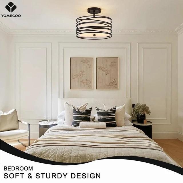 Alt view image 2 of 7 - 12.2" Black Semi Flush Mount Ceiling Light, Linen 2-Light Fixture