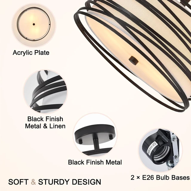 Alt view image 4 of 7 - 12.2" Black Semi Flush Mount Ceiling Light, Linen 2-Light Fixture
