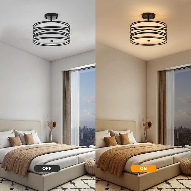 Alt view image 5 of 7 - 12.2" Black Semi Flush Mount Ceiling Light, Linen 2-Light Fixture