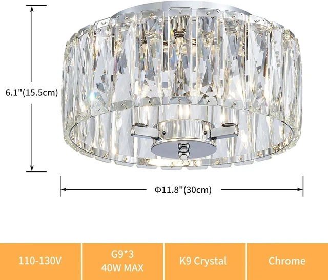 Alt view image 2 of 6 - D12in K9 Crystal Ceiling Light, 3-Light Modern Flushmount Light Fixture for Bedoom, Dinning Room, Hallway, Entryway, D12×H6inch, Chrome Finish