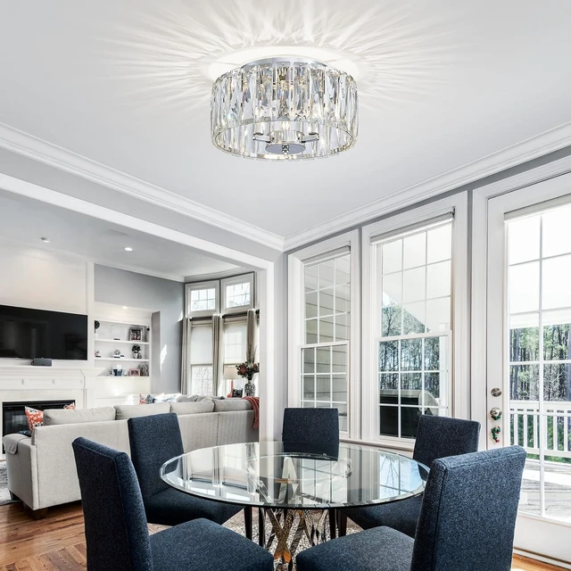 Alt view image 4 of 6 - D12in K9 Crystal Ceiling Light, 3-Light Modern Flushmount Light Fixture for Bedoom, Dinning Room, Hallway, Entryway, D12×H6inch, Chrome Finish