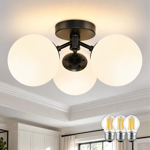 Main image of Bagood 3 Light Mid Century Modern Black Semi Flush Mount Ceiling Light Milk Glass Globe Ceiling Lights Black Chandelier 3 Light Sputnik Ceilings Light Fixture for Bedroom Living Room Hallway Entryway