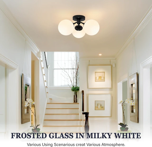Alt view image 3 of 7 - Bagood 3 Light Mid Century Modern Black Semi Flush Mount Ceiling Light Milk Glass Globe Ceiling Lights Black Chandelier 3 Light Sputnik Ceilings Light Fixture for Bedroom Living Room Hallway Entryway