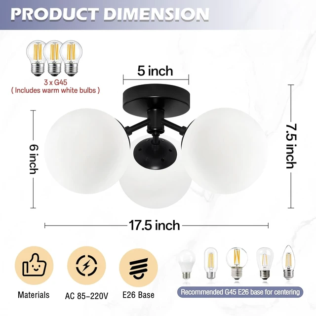 Alt view image 4 of 7 - Bagood 3 Light Mid Century Modern Black Semi Flush Mount Ceiling Light Milk Glass Globe Ceiling Lights Black Chandelier 3 Light Sputnik Ceilings Light Fixture for Bedroom Living Room Hallway Entryway