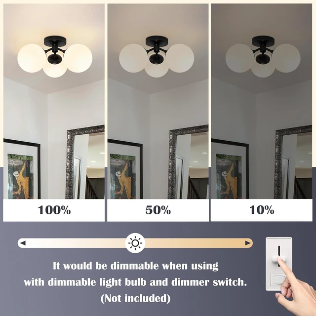 Alt view image 5 of 7 - Bagood 3 Light Mid Century Modern Black Semi Flush Mount Ceiling Light Milk Glass Globe Ceiling Lights Black Chandelier 3 Light Sputnik Ceilings Light Fixture for Bedroom Living Room Hallway Entryway