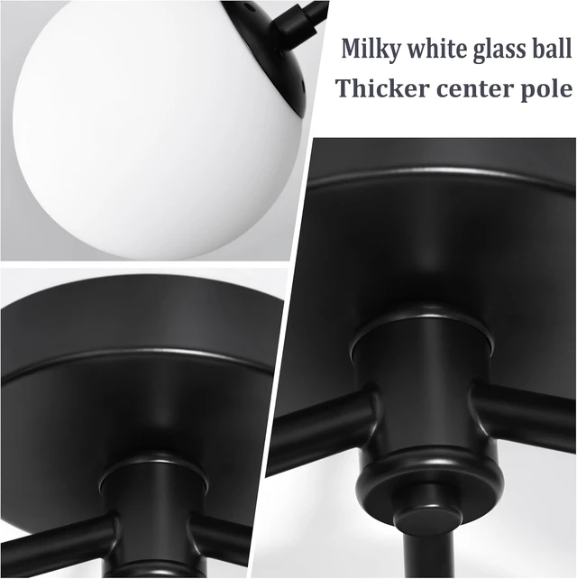 Alt view image 6 of 7 - Bagood 3 Light Mid Century Modern Black Semi Flush Mount Ceiling Light Milk Glass Globe Ceiling Lights Black Chandelier 3 Light Sputnik Ceilings Light Fixture for Bedroom Living Room Hallway Entryway