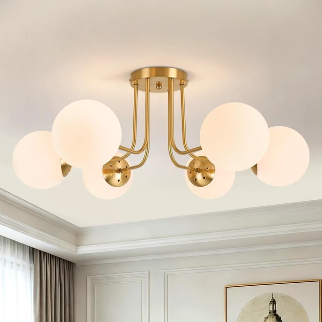 Main image of KoKo&Yukina 6-Light Mid Century Ceiling Light Modern Semi Flush Mount Ceiling Light Fixture Globe Ceiling Light with Milk Glass Shade Brushed Brass Finish for Bedroom Hallway Dining Room Living Room