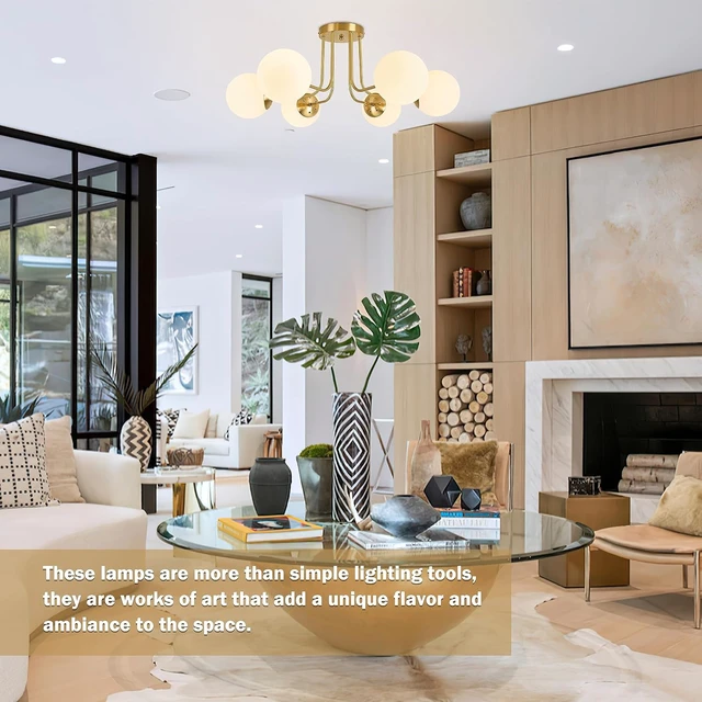 Alt view image 3 of 7 - KoKo&Yukina 6-Light Mid Century Ceiling Light Modern Semi Flush Mount Ceiling Light Fixture Globe Ceiling Light with Milk Glass Shade Brushed Brass Finish for Bedroom Hallway Dining Room Living Room