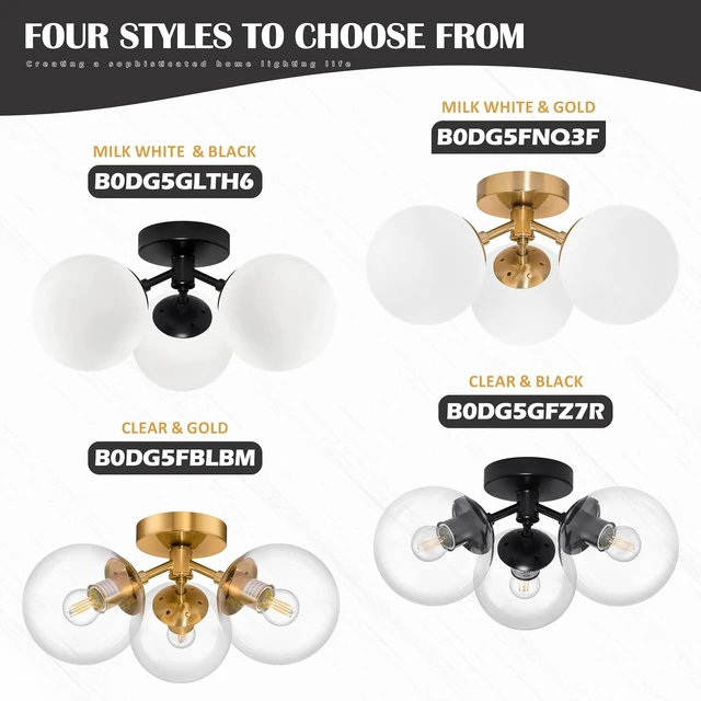 Alt view image 7 of 7 - Bagood 3 Light Mid Century Modern Black Semi Flush Mount Ceiling Light Milk Glass Globe Ceiling Lights Black Chandelier 3 Light Sputnik Ceilings Light Fixture for Bedroom Living Room Hallway Entryway