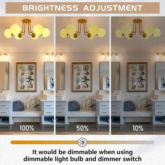 Alt view image 4 of 7 - KoKo&Yukina 6-Light Mid Century Ceiling Light Modern Semi Flush Mount Ceiling Light Fixture Globe Ceiling Light with Milk Glass Shade Brushed Brass Finish for Bedroom Hallway Dining Room Living Room