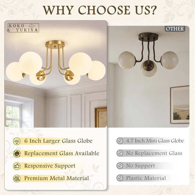 Alt view image 2 of 7 - KoKo&Yukina 6-Light Mid Century Ceiling Light Modern Semi Flush Mount Ceiling Light Fixture Globe Ceiling Light with Milk Glass Shade Brushed Brass Finish for Bedroom Hallway Dining Room Living Room